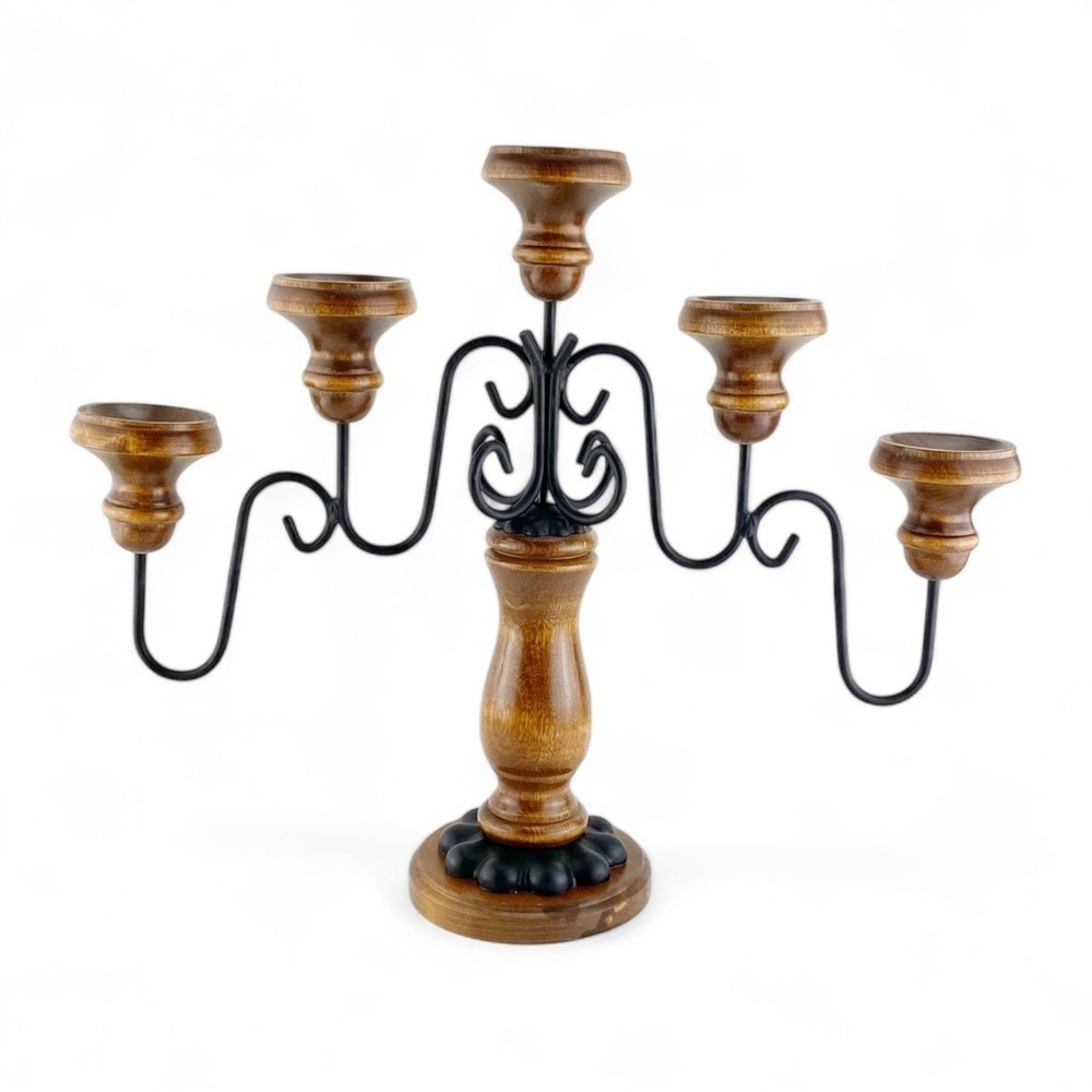 Homco Wrought Iron And Wood 5 Arm Candelabra Taper Candlestick Holders 1970s​ - Picture 4 of 5